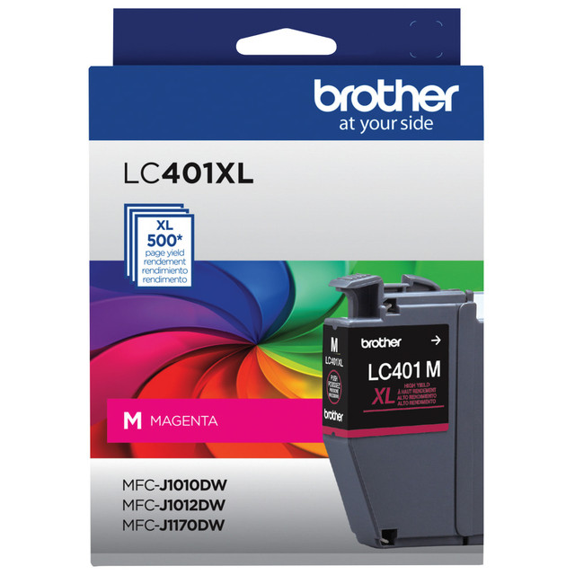 Compatible Brother models: MFC : MFC-J1010DW, MFC-J1010DWF, MFC-J1012DW, MFC-J1170DW, MFC-J1800DW.  .  If you want beautifully vivid prints, choose the Brother Genuine LC401XLM High-Yield Magenta Ink Cartridge to fill your printer. The ink offers up to 500 pages and is designed for several different Brother printer models.  Yields up to 500 pages.  For use with Brother compact, affordable inkjet all-in-one printers MFCJ1010DW, MFC-J1012DW and MFC-J1170DW.  Magenta ink offers sharp, vibrant color.  Helps Avoid Waste - Designed for extended use, helping reduce or eliminate material use and potentially save money.  Recycling solution - designed to encourage recycling, helping you divert materials from landfill.
