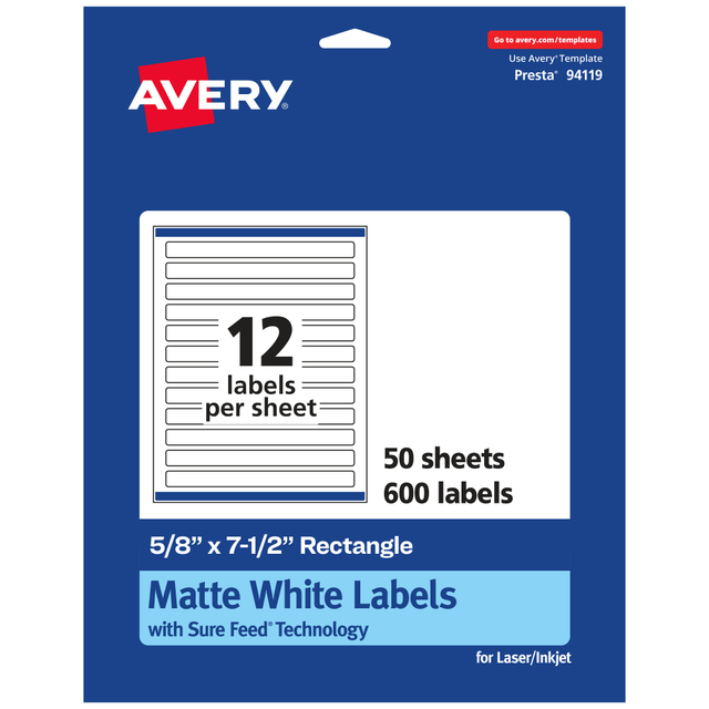 AVERY PRODUCTS CORPORATION 94119-WMP50 Avery Permanent Labels With Sure Feed, 94119-WMP50, Rectangle, 5/8in x 7-1/2in, White, Pack Of 600 AVERY PRODUCTS CORPORATION 94119-WMP50 Avery Permanent Labels With Sure Feed, 94119-WMP50, Rectangle, 5/8in x 7-1/2in, White, Pack Of 600