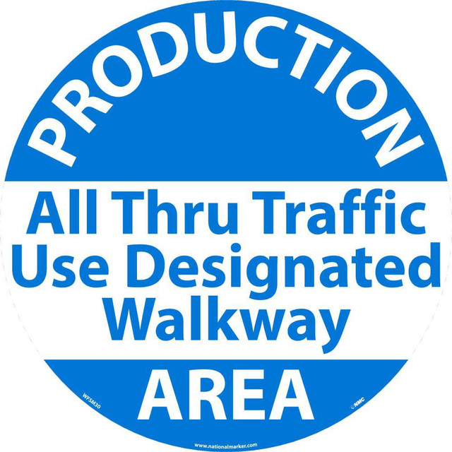 AccuformNMC Security & Admittance Adhesive Backed Floor Sign: Round, ''Production Area All Thru Traffic ..'' WFSM30