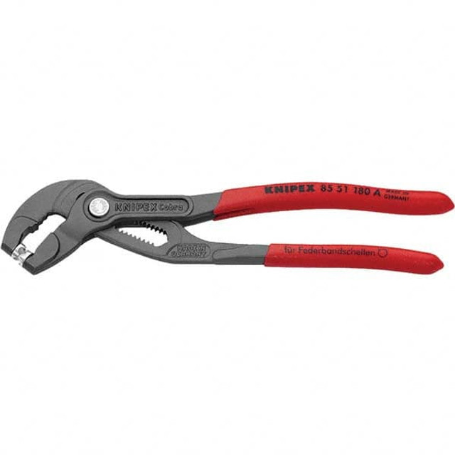 Knipex 85 51 180 A Pliers; Type: Hose Clamp Pliers ; Jaw Length (mm): 34 ; Jaw Type: Rotating Tip ; Side Cutter: No ; Overall Length (Inch): 7-1/2 ; Handle Material: Non-Slip Plastic