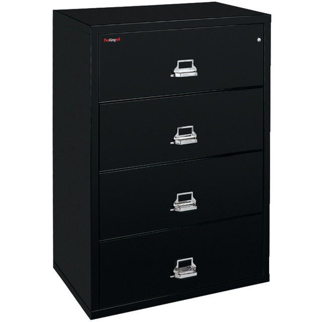 FIRE KING INTERNATIONAL, INC. 4-4422-CBLWG FireKing UL 1-Hour 44-1/2inW x 22-1/8inD Lateral 4-Drawer Fireproof File Cabinet, Black, White Glove Delivery