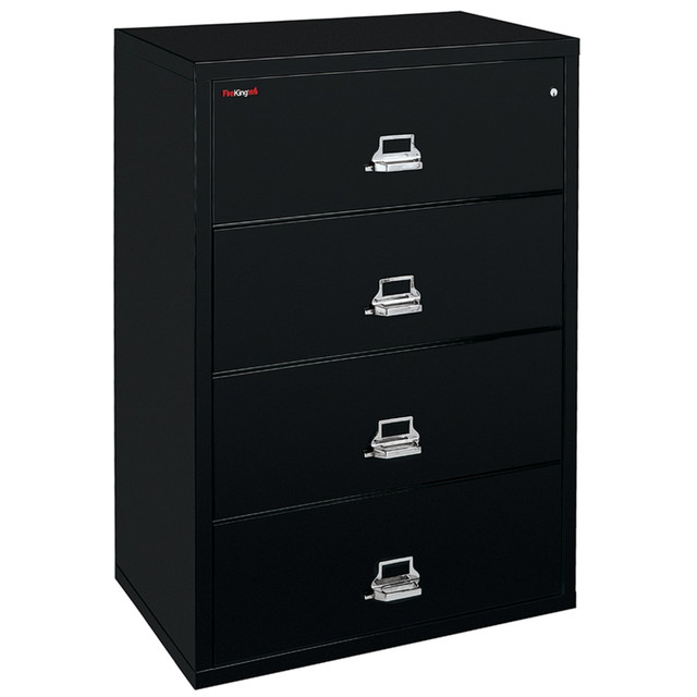 FIRE KING INTERNATIONAL, INC. 4-3822-CBLWG FireKing UL 1-Hour 22-1/8inW x 37-1/2inD Lateral 4-Drawer Fireproof File Cabinet, Black, White Glove Delivery