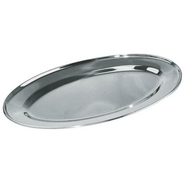 Serve appetizers, desserts and other foods on this Winco Oval Stainless-Steel Platter. The streamlined design seamlessly blends with a variety of other serveware and tableware.  Crafted from durable stainless steel.  Edge helps keep food neatly contained.  Measures 12in x 8-5/8in.