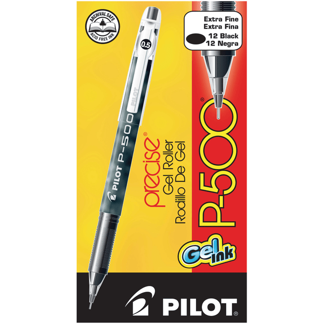 If you need a reliable writing utensil to help you get through the work day, reach for 1 of these Pilot gel pens. With Precise needle-point technology, these rollerball pens provide a smooth, consistent flow of ink.  Narrow 0.5 and 0.7 mm points for extreme fine-line writing. Both the 0.5 mm and 0.7 mm needle-point tips give you tremendous control of your writing. Create clear, legible text - even in the tightest spaces.  Gel ink flows without skipping. Enjoy a steady, stable ink flow from every stroke - with no hiccups or blotches! Quick-drying gel is smear-resistant, waterproof and acid-free so its great for archiving.  Unique ridged grooves add comfort and control. The stylish marbled barrels taper towards the base to fit perfectly in your fingers. Ridges prevent the pen from slipping and gently massage your fingers for more comfortable writing.  Nonrefillable.  Pilot P-500 offers a 0.5 mm tip.  Rollerball pen with black ink for dark marks.