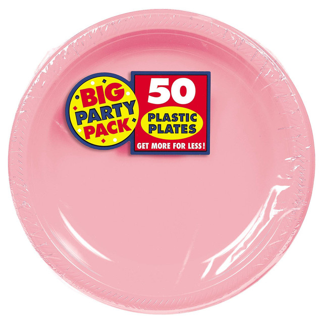 AMSCAN CO INC Amscan 630732.109  Round Plastic Plates, 10-1/2in, New Pink, Pack Of 50 Plates