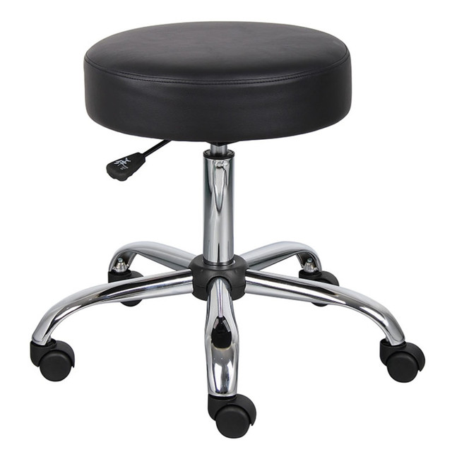 With an ergonomic design for enhanced comfort and productivity, this Boss medical stool features vinyl upholstery. The antimicrobial medical stool is great for a variety of work environments, from hospitals to warehouse facilities. The hooded double wheel casters make it easy to move and shift directions.  Durable Caressoft vinyl.  Seat height adjusts from 21in to 27in.  Dual-wheel casters.  Attractive chrome-finished base.  Assembly required.  Antimicrobial stool in black and chrome measures 27inH x 25inW x 25inD  Antimicrobial is an agent that kills microorganisms or stops their growth.