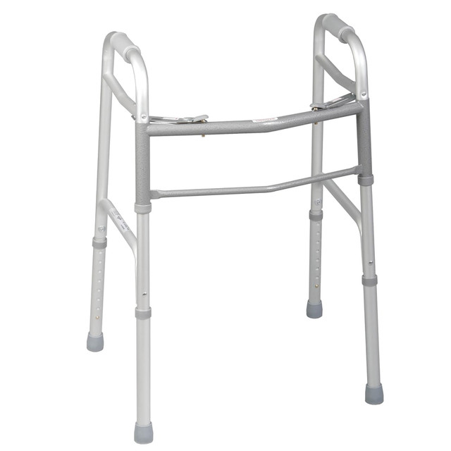 MEDLINE INDUSTRIES, INC. MDS86410J4 Medline Guardian Adjustable Aluminum Folding 2-Button Walkers, Junior, Gray, Case Of 4