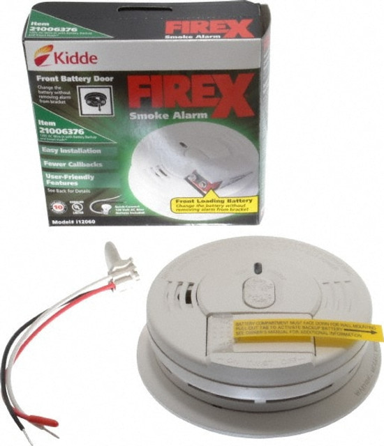 Kidde 21006376 Smoke Alarm Type: Smoke; Power Source: Wire-In with Battery Backup; Sensor Type: Ionization; Mount Type: Wall; Ceiling; Interconnectable: Interconnectable; Battery Size: 9V; Maximum Decibel Rating: 85.0 dB; Warranty Length: 10 yr; Maxi