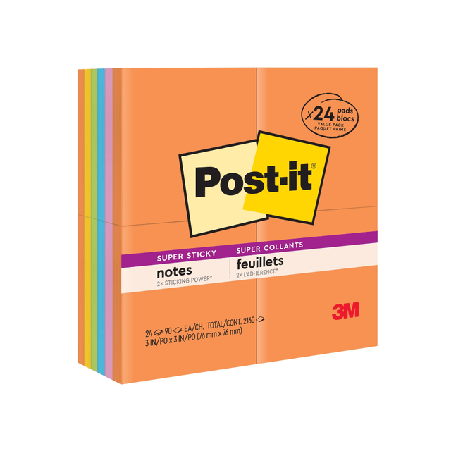 3M CO 654-24SSAU Post-it Super Sticky Notes, 24 Pads, 3 in x 3 in, 2x the Sticking Power, School Supplies and Office Products, Sticky Notes for Vertical Surfaces, Monitors, Walls and Windows, Energy Boost Collection