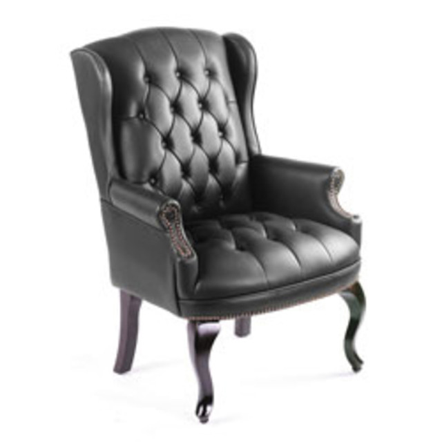 NORSTAR OFFICE PRODUCTS INC. B809-BK Boss Office Products Wingback Traditional High-Back Chair, Black/Mahogany NORSTAR OFFICE PRODUCTS INC. B809-BK Boss Office Products Wingback Traditional High-Back Chair, Black/Mahogany