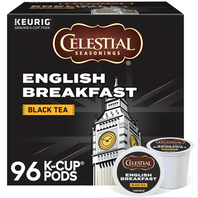 Containing a blend of quality black teas, these English breakfast tea K-Cup Pods are the perfect morning pick-me-up. Brew a cup of Celestial Seasonings tea anytime with ease.  A robust, full-bodied brew with a bright floral note.  Each K-Cup Pod has a built-in filter - no measuring and no mess.  K-Cup Pods are designed for use in single-cup brewing systems.  Celestial Seasonings is not affiliated with Keurig or K-Cup. K-Cup is a registered trademark of Keurig Incorporated.  Case contains 4 boxes with 24 pods per box.