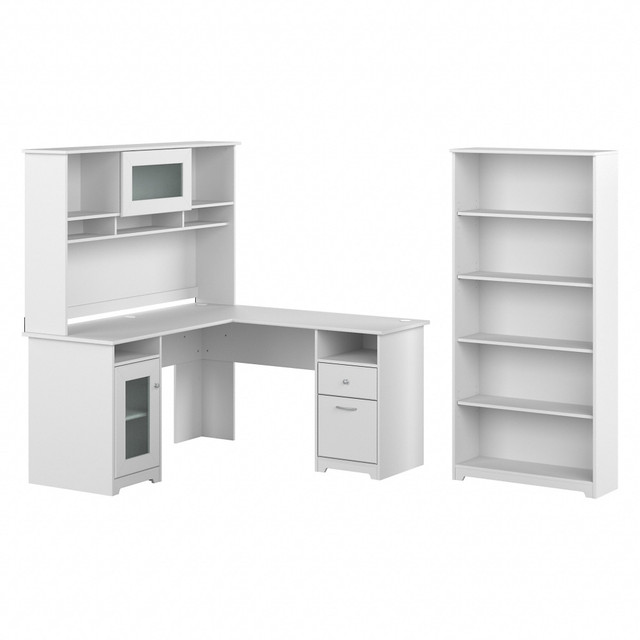 BUSH INDUSTRIES INC. CAB011WHN Bush Business Furniture Cabot 60inW L-Shaped Corner Desk With Hutch And 5-Shelf Bookcase, White, Standard Delivery BUSH INDUSTRIES INC. CAB011WHN Bush Business Furniture Cabot 60inW L-Shaped Corner Desk With Hutch And 5-Shelf Bookcase, White, Standard Delivery