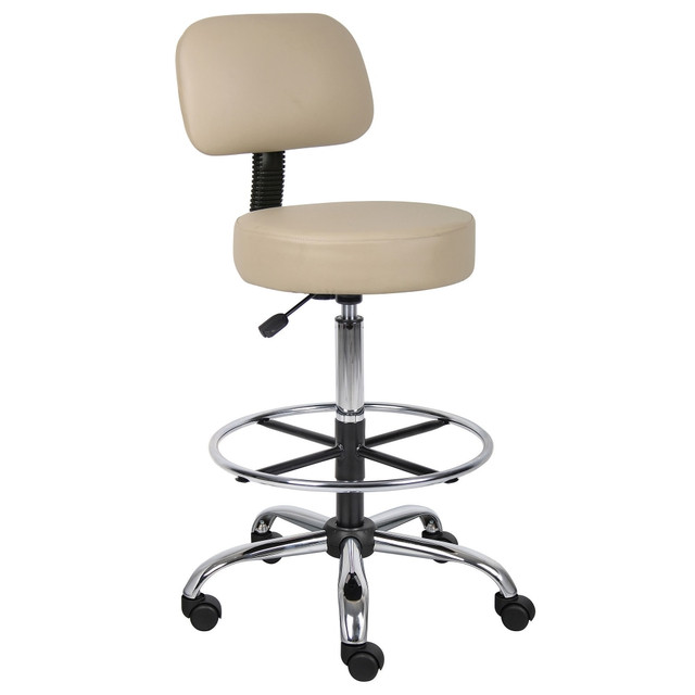 Make this Boss medical stool part of your workstation. The vinyl seat is designed with a molded foam cushion, so you can stay comfortable while you manage the days duties, and the chrome base is designed to hold up to everyday use. Thanks to the foot ring, your legs can feel supported as you work.  Vinyl seat and a molded foam seat cushion.  Chrome frame.  Foot ring.  Assembly required.  Back cushion provides added support.  Seat height adjusts from 41in to 47in for customized comfort.  Backed by the manufacturers 6-year limited warranty.  Contains Recycled Content - See Specs for Details.