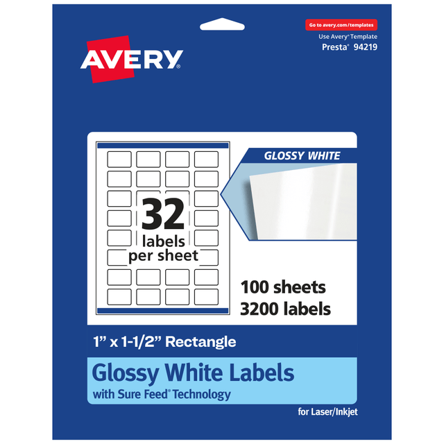 AVERY PRODUCTS CORPORATION 94219-WGP100 Avery Glossy Permanent Labels With Sure Feed, 94219-WGP100, Rectangle, 1in x 1-1/2in, White, Pack Of 3,200 AVERY PRODUCTS CORPORATION 94219-WGP100 Avery Glossy Permanent Labels With Sure Feed, 94219-WGP100, Rectangle, 1in x 1-1/2in, White, Pack Of 3,200