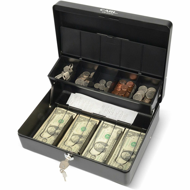 CARL MANUFACTURING USA, INC. 82011 CARL Bill Slots Steel Security Cash Box - 4 Bill - 5 Coin - Steel - Black - 3.5in Height x 10in Width x 7in Depth