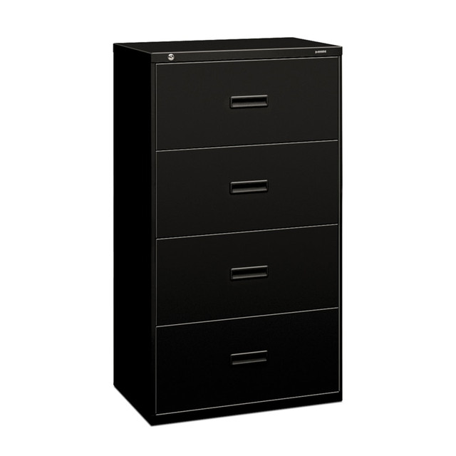 HNI CORPORATION 434L,P HON 400 30inW x 19-1/4inD Lateral 4-Drawer File Cabinet, Black HNI CORPORATION 434L,P HON 400 30inW x 19-1/4inD Lateral 4-Drawer File Cabinet, Black