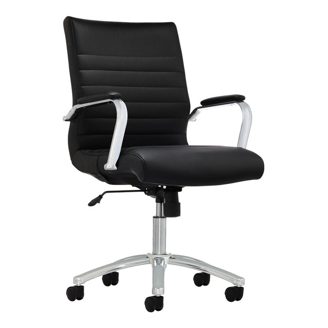 Furnish your workstation with this Realspace Modern Comfort Winsley mid-back bonded leather chair. The metal frame offers sturdy support, while the lumbar support promotes an upright posture and strain relief. Pneumatic seat-height adjustment and tilt lock let you effortlessly customize your seating position. This Realspace Modern Comfort Winsley mid-back chair features rolling casters for seamless maneuvering and bonded leather upholstery for easy cleanup.  Lumbar supports your lower back to improve posture.  Pneumatic seat-height adjustment lets you customize your seat.  Black upholstery with silver frame.  BIFMA level 1 certified - reduced impact from multiple eco-attributes and/or social attributes. Ranked in three tiers: level 1, 2, or 3.  ANSI/BIFMA Compliant - This product has been tested and verified for compliance with rigorous performance requirements and safety standards related to specific furniture products.  Suitable as an office home chair or as a Student desk chair.  Less harsh chemicals - made with fewer harsh chemicals, or safer chemicals than typical alternatives, helping  reduce your use of and exposure to substances that may be more harmful to your health and the environment.