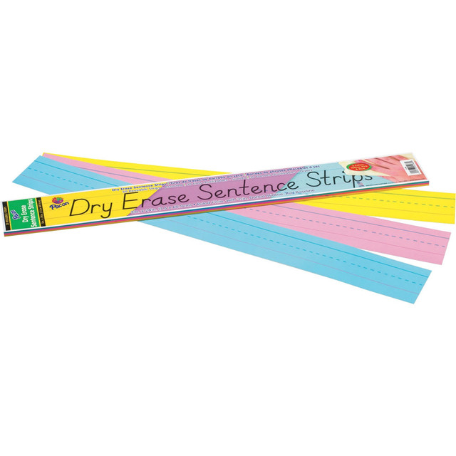 Teach students to write proper sentences with this pack of Pacon dry-erase sentence strips. The dry-erase surface enables easy corrections and offers convenient reuse, while the straight ruling and dotted midlines help you produce neat and legible text. Add life to educational activities with the fun, assorted colors. These versatile Pacon dry-erase sentence strips are suitable for classroom activities, such as reading and writing.  Use for reading and writing activities in the home or classroom.  Dry-erase surface allows quick corrections and reusability.  Helps children write and construct proper sentences.  3in x 12in size offers easy visibility.  1-1/2in ruled.  Pack of 30.