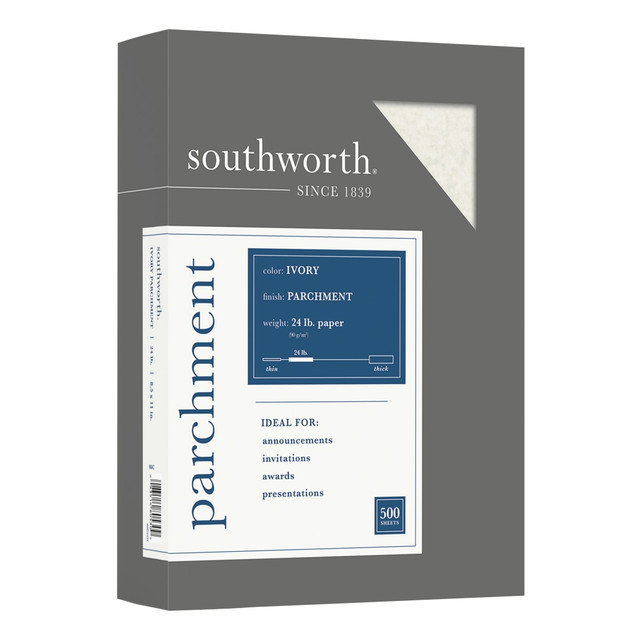 Get quality prints of certificates, invitations, and other impressive forms with this Southworth Parchment Paper. The parchment finish produces a sophisticated appearance and brings an Old-World look and feel to your documents. This Southworth parchment specialty paper is acid-free and lignin-free so your documents wonT yellow or disintegrate over time.  Parchment paper is perfect for special documents that need an Old World distinctiveness  Paper size: 8.5inW x 11inL  Compatible with most copiers and inkjet and laser printers.  Acid-free and lignin-free  Ivory paper with Parchment paper  Each box contains 500 sheets  Paper weight: 24 lbs.