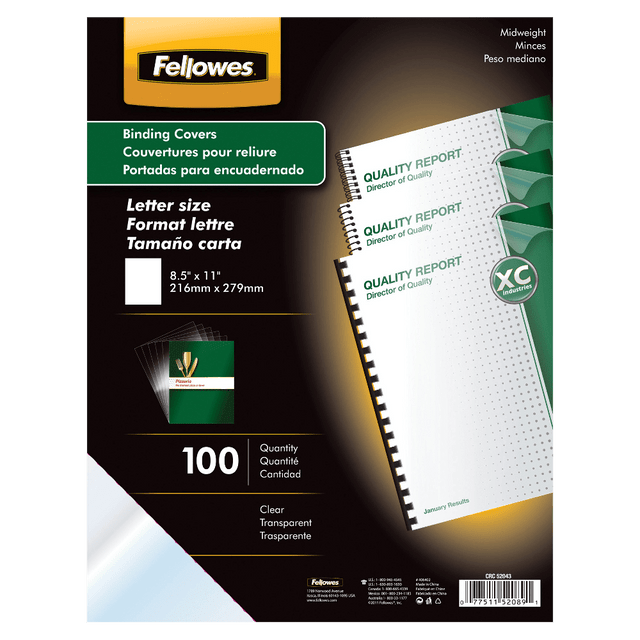 FELLOWES INC. 52089 Fellowes Clear Presentation Binding Covers, 8 1/2in 11in, Clear, Pack Of 100 FELLOWES INC. 52089 Fellowes Clear Presentation Binding Covers, 8 1/2in 11in, Clear, Pack Of 100