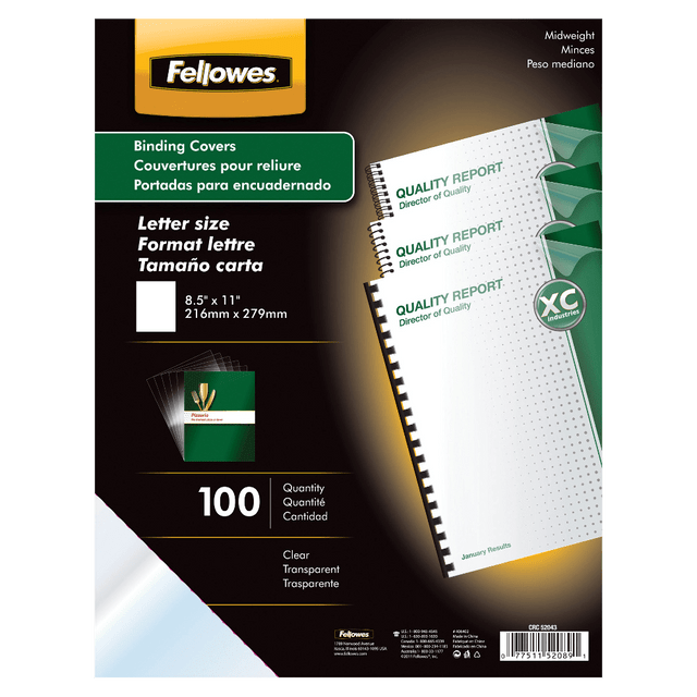 FELLOWES INC. Fellowes 52089  Clear Presentation Binding Covers, 8 1/2in 11in, Clear, Pack Of 100