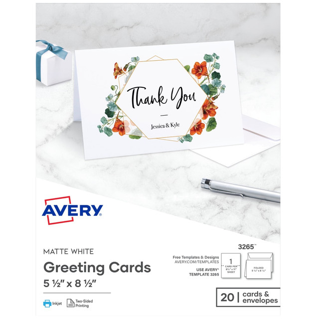 AVERY PRODUCTS CORPORATION 3265 Avery Printable Greeting Cards, Half-Fold, 5.5in x 8.5in, Matte White, 20 Blank Cards With Envelopes AVERY PRODUCTS CORPORATION 3265 Avery Printable Greeting Cards, Half-Fold, 5.5in x 8.5in, Matte White, 20 Blank Cards With Envelopes