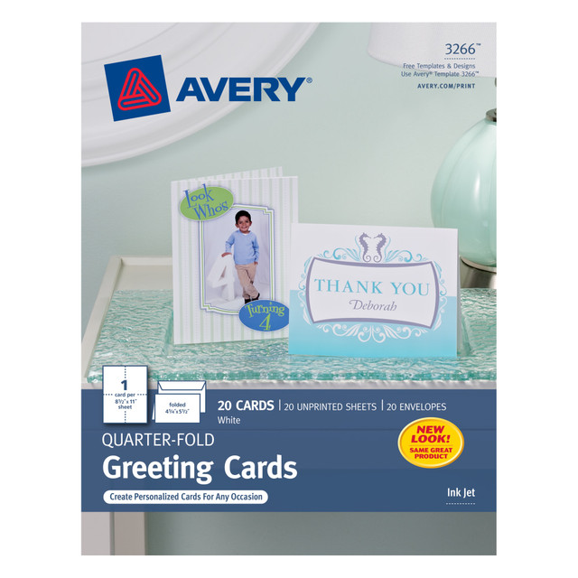 AVERY PRODUCTS CORPORATION 3266 Avery Quarter-Fold Greeting Card Stock With Envelopes, Matte White, 4.25in x 5.5in, 80 Lb, Pack Of 20
