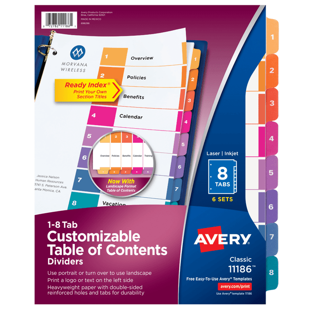 AVERY PRODUCTS CORPORATION 11186 Avery Ready Index 1-8 Tab Binder Dividers With Customizable Table Of Contents, 8-1/2in x 11in, 8 Tab, White/Multicolor, Pack Of 6 Sets AVERY PRODUCTS CORPORATION 11186 Avery Ready Index 1-8 Tab Binder Dividers With Customizable Table Of Contents, 8-1/2in x 11in, 8 Tab, White/Multicolor, Pack Of 6 Sets