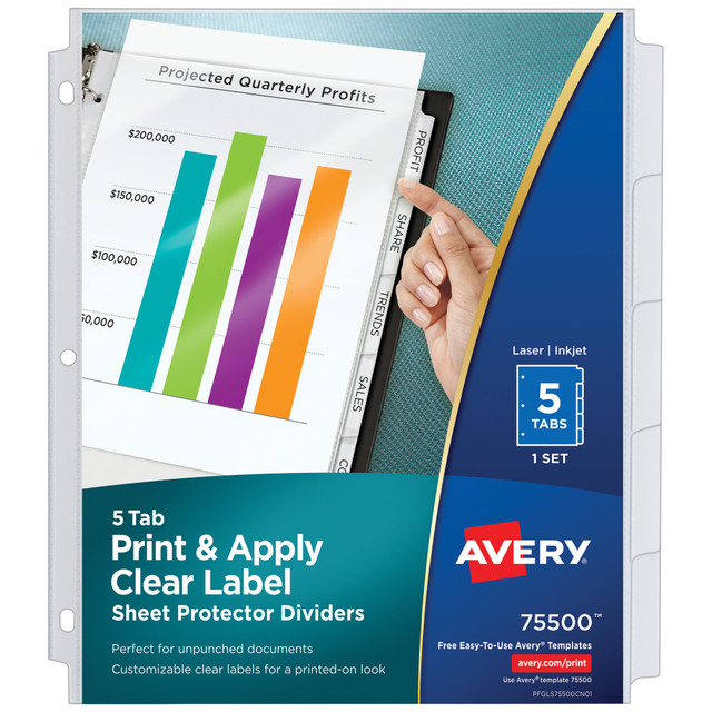 AVERY PRODUCTS CORPORATION 75500 Avery Sheet Protector Dividers For 3 Ring Binders With Easy Print & Apply Index Maker Label Strip, 8-1/2in x 11in,  5 Tab, Clear With Customizable White Tabs, 1 Set