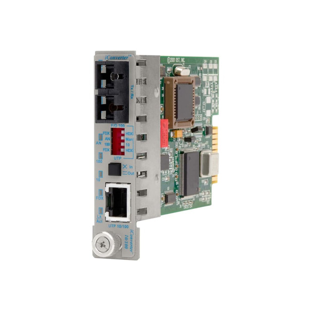 The iConverter 10/100 rate converter is a member of the modular iConverter product line. The iConverter product line supports the IEEE 802.3 standard and provides an extensive range of connectivity options across different media types. The iConverter 10/100 provides both UTP to fiber conversion as well as rate conversion between 10Base-T or 100Base-Tx to 100Base-Fx fiber. It supports 10/100 and half/full-duplex Auto-Negotiation with hardware or software manual override controls setting to the desired speed (10/100) and the desired duplex mode. It simultaneously supports different duplex modes on the UTP and fiber ports as well as user-selectable Pause option. All iConverter converter modules are hot-swappable and support three mounting options. They can be mounted in a 19-Unit 2U high (3.5 inch), space saving 19 inch rack-mountable chassis with Triple-Redundant AC or 48 VDC Power Supplies. They can be mounted in a 2-Unit AC or 48 VDC powered chassis or in a 1-Unit AC powered chassis.