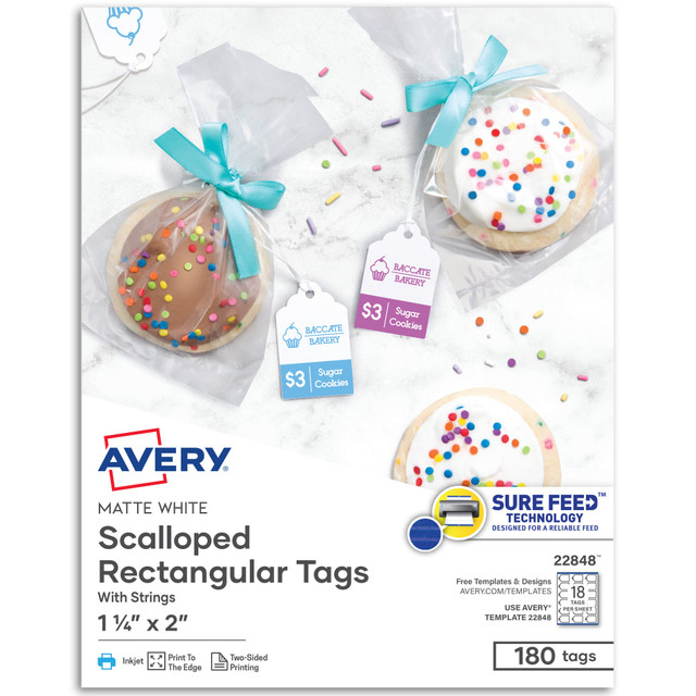 AVERY PRODUCTS CORPORATION 22848 Avery Print-To-The-Edge Tags With Strings, Scalloped, 2in x 1/14in, White, Pack of 180