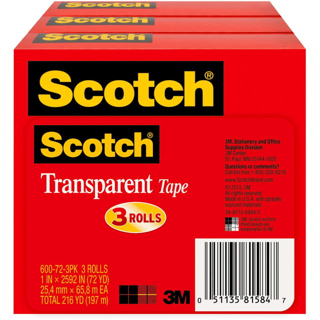 3M CO 600-72-3PK Scotch Transparent Tape, 3 Tape Rolls, 1 in x 2592 in, Home Office Supplies and School Supplies for College and Classrooms 3M CO 600-72-3PK Scotch Transparent Tape, 3 Tape Rolls, 1 in x 2592 in, Home Office Supplies and School Supplies for College and Classrooms