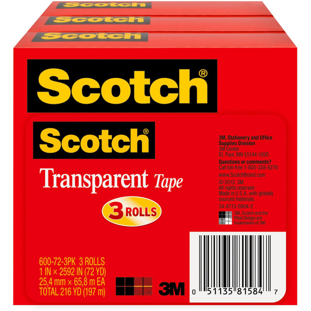 When you have a million and one things to do, theres one tape to get Scotch Transparent Tape. Its clearly strong holds things together in an instant; keeps things together for a long time. Clearly multi purpose ideal for all the jobs you need to get done. And clearly..clear using 3M adhesive technology, it goes on transparently and wonT yellow with age. Scotch Transparent Tape Refills fit into all standard dispensers, glide off the roll smoothly, and cut easily without wasted tape. Whatever you need to get done, wherever you are home, work or school Scotch Transparent Tape Refill Rolls are clearly ready to go to work.  Classic glossy-finish  Ideal for multi-purpose sealing and label protection  Instant adhesion, excellent holding power  Crystal clear  Ideal on shiny surfaces  Pulls off the roll smoothly and cuts easily  Strong, secure, won"t yellow with age  Photo safe  1 in. x 2592 in., 3 Rolls, 3 in. core  Makes a great complement to decorative gift-wrapping paper  Easy-to-apply design that doesnT dry out or yellow  Made in the USA with Globally Sourced Materials