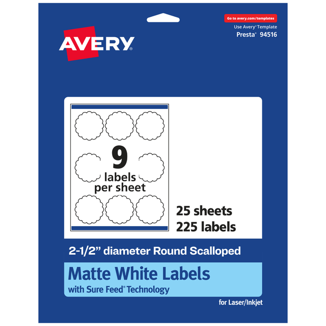 AVERY PRODUCTS CORPORATION 94516-WMP25 Avery Permanent Labels With Sure Feed, 94516-WMP25, Round Scalloped, 2-1/2in Diameter, White, Pack Of 225 AVERY PRODUCTS CORPORATION 94516-WMP25 Avery Permanent Labels With Sure Feed, 94516-WMP25, Round Scalloped, 2-1/2in Diameter, White, Pack Of 225