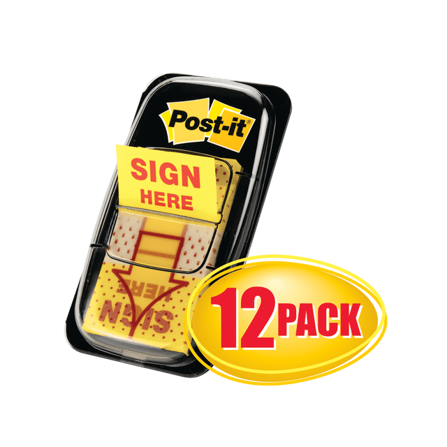 3M CO Post-it 680-SH12  Message Flags, "Sign Here", 1in x 1-11/16in, Yellow, 50 Flags Per Pad, Pack Of 12 Pads