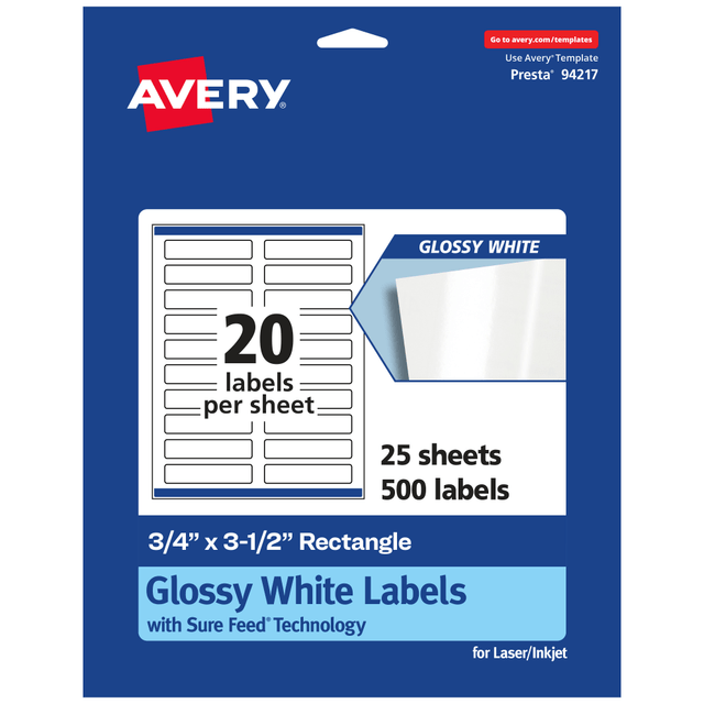 AVERY PRODUCTS CORPORATION 94217-WGP25 Avery Glossy Permanent Labels With Sure Feed, 94217-WGP25, Rectangle, 3/4in x 3-1/2in, White, Pack Of 500 AVERY PRODUCTS CORPORATION 94217-WGP25 Avery Glossy Permanent Labels With Sure Feed, 94217-WGP25, Rectangle, 3/4in x 3-1/2in, White, Pack Of 500