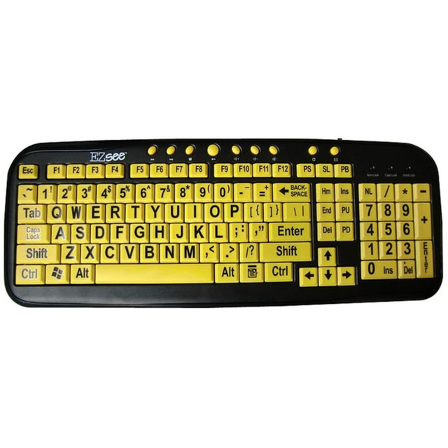 <p>Designed with large, bold black letters on yellow keys; the "EZ See" keyboard is ideal for senior and low vision computer users and is ideal for low light environments. With multimedia features, attractive low profile key design and gentle key bounce force for ease of typing, the "EZ See" keyboard offers quality and style in an economical keyboard. The "EzSee" keyboard incorporates high quality switch technology that is rated for greater then 10 million key impressions.</p>