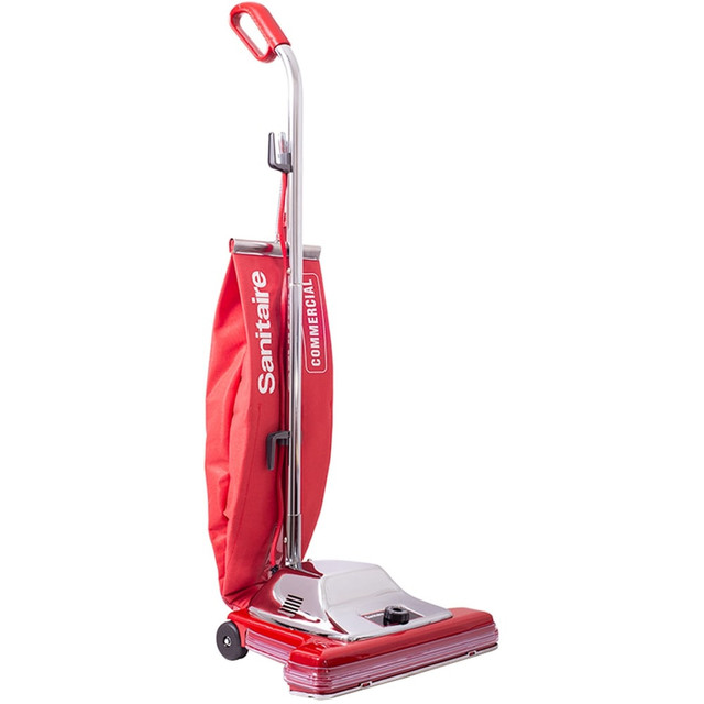 Clean floors efficiently with this Sanitaire TRADITION QuietClean Commercial Upright Vacuum. It boasts a 16in cleaning path to cover more space quickly.  Motor are chrome brush roll rated for 2,000 hours of operation.  Creates a 16in cleaning path for increased productivity.  Uses an 18-quare shakeout bag to help reduce the need for frequent disposals.  Quick-Kleen fan chamber allows easy maintenance.  Built-in handles for transportation.  Designed for use on carpets.  Backed by the manufacturers 2-year limited warranty.