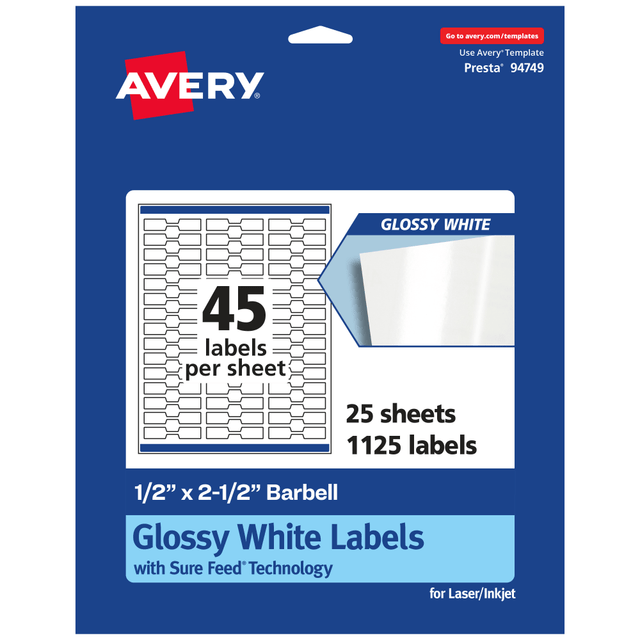AVERY PRODUCTS CORPORATION 94749-WGP25 Avery Glossy Permanent Labels With Sure Feed, 94749-WGP25, Barbell, 1/2in x 2-1/2in, White, Pack Of 1,125 AVERY PRODUCTS CORPORATION 94749-WGP25 Avery Glossy Permanent Labels With Sure Feed, 94749-WGP25, Barbell, 1/2in x 2-1/2in, White, Pack Of 1,125