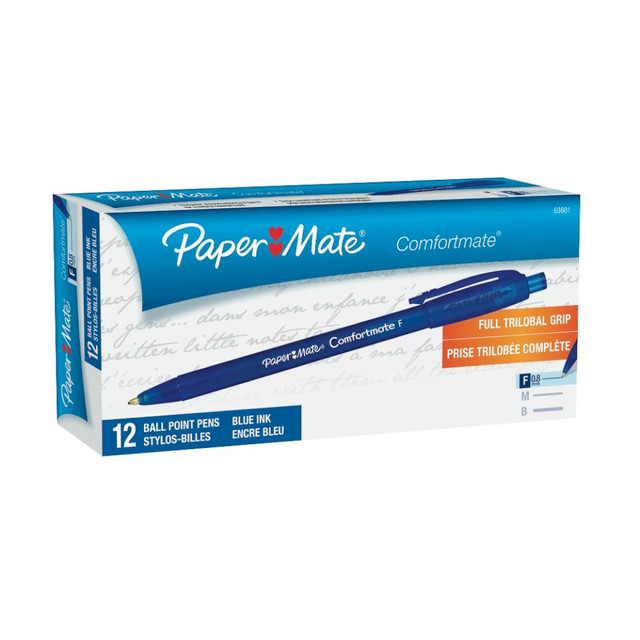 NEWELL BRANDS INC. PAP63601 Paper Mate Comfortmate Ultra Retractable Ballpoint Pens, Fine Point, 0.8 mm, Blue Barrel, Blue Ink, Pack Of 12
