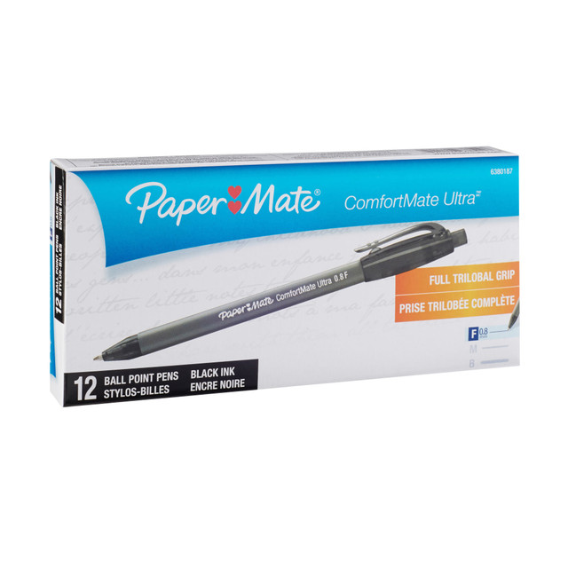 NEWELL BRANDS INC. 63801 Paper Mate Comfortmate Ultra Retractable Ballpoint Pens, Fine Point, 0.8 mm, Black Barrel, Black Ink, Pack Of 12 NEWELL BRANDS INC. 63801 Paper Mate Comfortmate Ultra Retractable Ballpoint Pens, Fine Point, 0.8 mm, Black Barrel, Black Ink, Pack Of 12