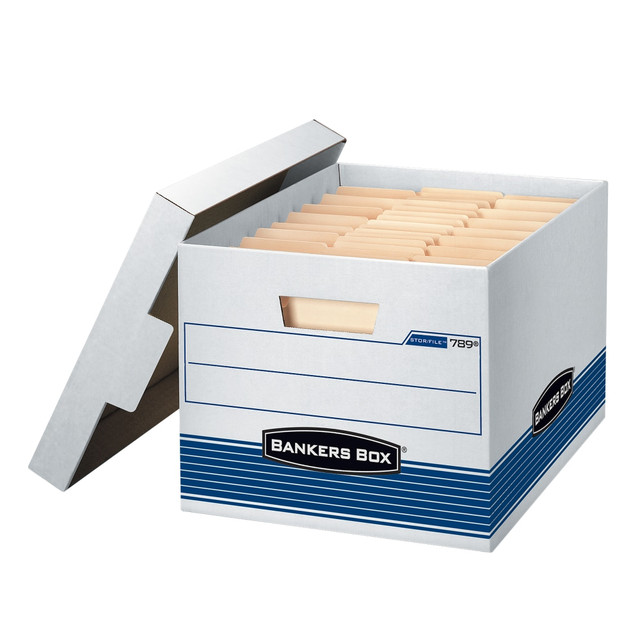 FELLOWES INC. 78907 Bankers Box Stor/File Medium-Duty Storage Boxes With Locking Lift-Off Lids And Built-In Handles, Letter/Legal Size, 15 x 12in x 10in, 60% Recycled, White/Blue, Case Of 4 FELLOWES INC. 78907 Bankers Box Stor/File Medium-Duty Storage Boxes With Locking Lift-Off Lids And Built-In Handles, Letter/Legal Size, 15 x 12in x 10in, 60% Recycled, White/Blue, Case Of 4