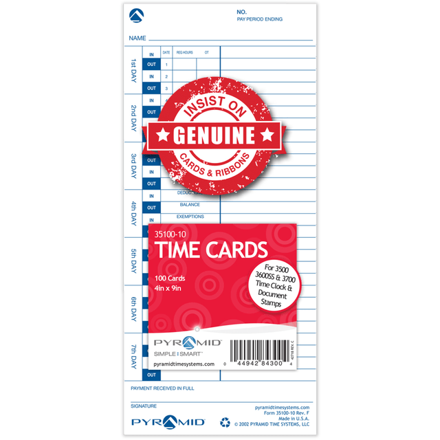 PYRAMID TECHNOLOGIES INC. 331-11 Pyramid Time Systems, 35100-10, Genuine and Authentic pack of 100 Time Cards, Use with Pyramid Side Loading Time Clocks, Models 3500, 3600SS and 3700