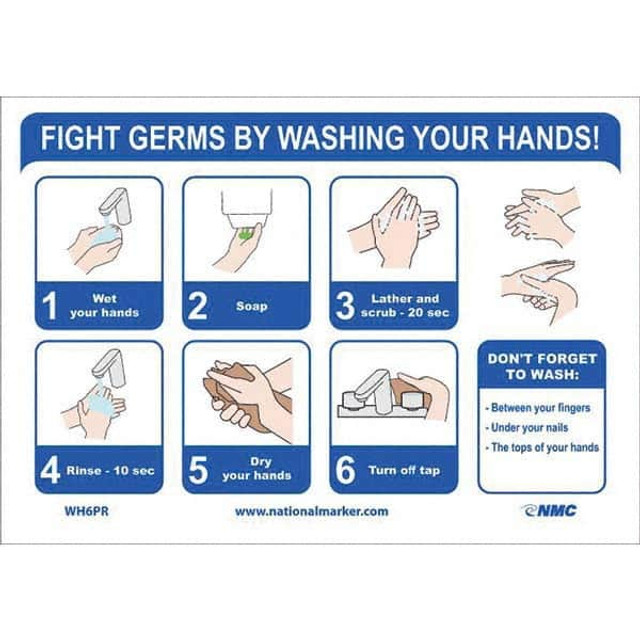 AccuformNMC Restroom & Janitorial Label: "Fight Germs By Washing Your Hands!", Rectangle, 10" Wide, 7" High WH6PR