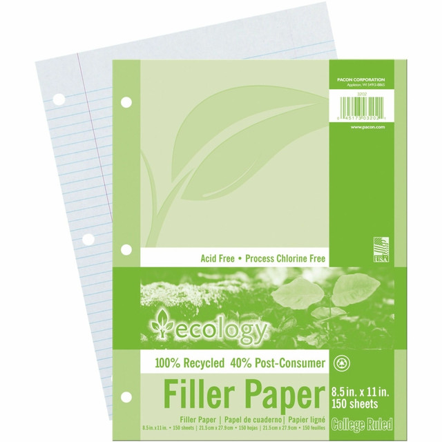 Each sheet is three-hole punched and college-ruled. This filler paper is acid-free and processed chlorine-free making it less prone to yellowing and deterioration over time, ensuring that your documents remain preserved and legible for extended periods.  Help keep all of your thoughts, notes, research and writings organized with this filler paper designed to accommodate a wide range of needs.  College-ruled pages maximize the available space and keep your handwriting neatly aligned.  3-hole punched to be easily added to existing notebook or binder.  Contains Recycled Content - See Specs for Details.