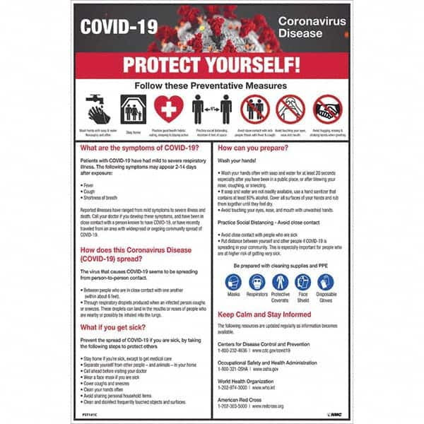 AccuformNMC Warning & Safety Reminder Sign: Rectangle, "COVID-19 PROTECT YOURSELF!" PST141C