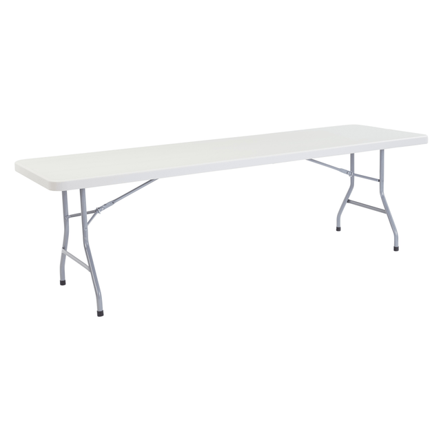 Perfect for use as additional dining space, this plastic folding table is great for parties and game nights. The folding utility table is made with a steel frame to withstand heavy weights and extended use. The folding dinner table is also resistant to weather, so you can use it outdoors.  Lightweight blow-molded plastic for easy and convenient transport.  2in-thick, lightly textured surface to prevent scratching. Smooth enough to write on.  19-gauge steel frame and snap lock design for extra stability.  UV-protected and weather-resistant design for use outdoors.  Can withstand heat up to 212 deg. Fahrenheit.  Folds for convenient and compact storage.  Save time - no assembly required.  Tabletop is a sturdy 2in thick. Overall Dimensions: 29 1/2inH x 96inW x 30inD.  This product is heavy and/or oversized and may need more than one person to handle.