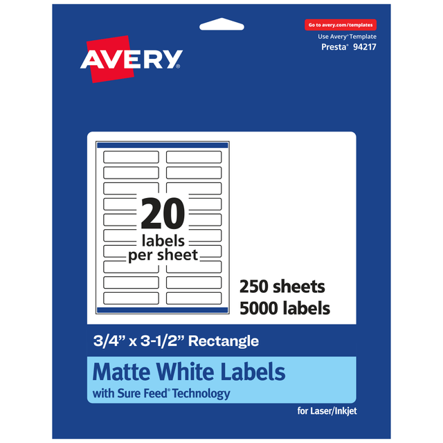 AVERY PRODUCTS CORPORATION 94217-WMP250 Avery Permanent Labels With Sure Feed, 94217-WMP250, Rectangle, 3/4in x 3-1/2in, White, Pack Of 5,000 AVERY PRODUCTS CORPORATION 94217-WMP250 Avery Permanent Labels With Sure Feed, 94217-WMP250, Rectangle, 3/4in x 3-1/2in, White, Pack Of 5,000