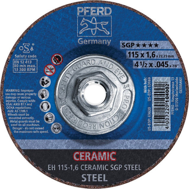 PFERD 69902577 Depressed Grinding Wheel:  Type 27 & Type 42,  4-1/2" Dia,  Ceramic Oxide