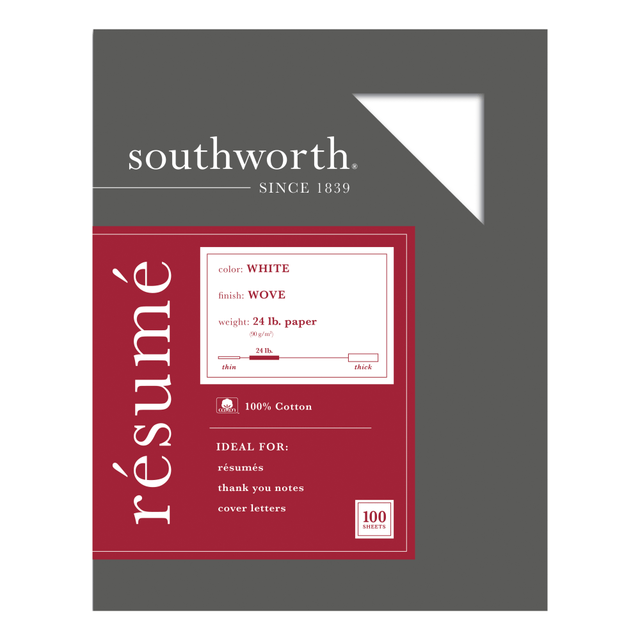 NEENAH PAPER INC R14CF Southworth 100% Cotton Resume Paper, 8 1/2in x 11in, 24 Lb, 100% Recycled, White, Pack Of 100 NEENAH PAPER INC R14CF Southworth 100% Cotton Resume Paper, 8 1/2in x 11in, 24 Lb, 100% Recycled, White, Pack Of 100